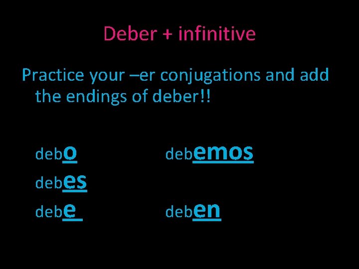 Deber + infinitive Practice your –er conjugations and add the endings of deber!! debo