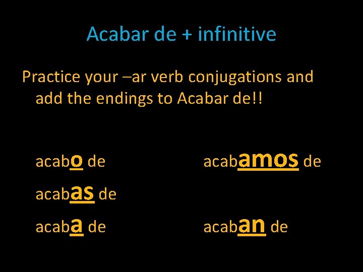 Acabar de + infinitive Practice your –ar verb conjugations and add the endings to