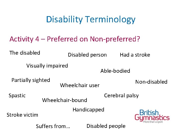 Disability Terminology Activity 4 – Preferred on Non-preferred? The disabled Disabled person Visually impaired