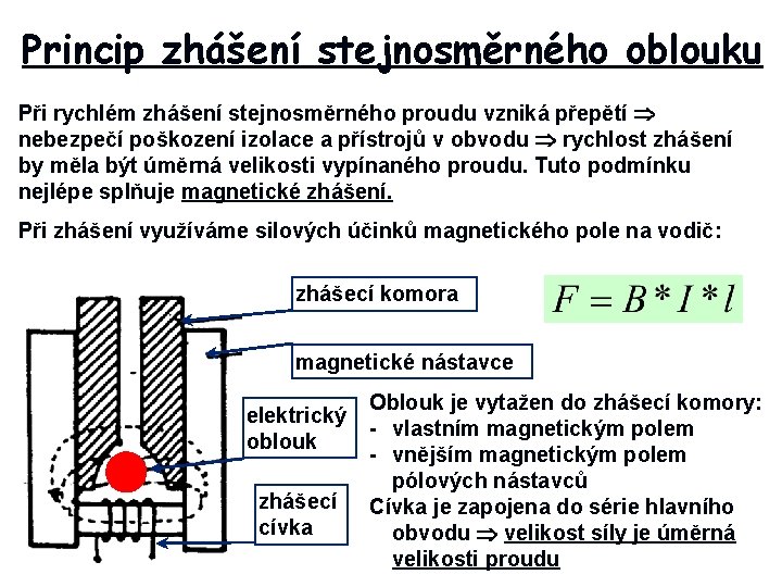 Princip zhášení stejnosměrného oblouku Při rychlém zhášení stejnosměrného proudu vzniká přepětí nebezpečí poškození izolace