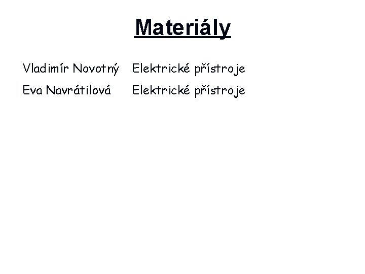 Materiály Vladimír Novotný Elektrické přístroje Eva Navrátilová Elektrické přístroje 