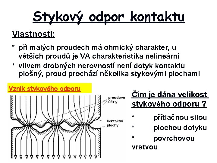 Stykový odpor kontaktu Vlastnosti: * při malých proudech má ohmický charakter, u větších proudů