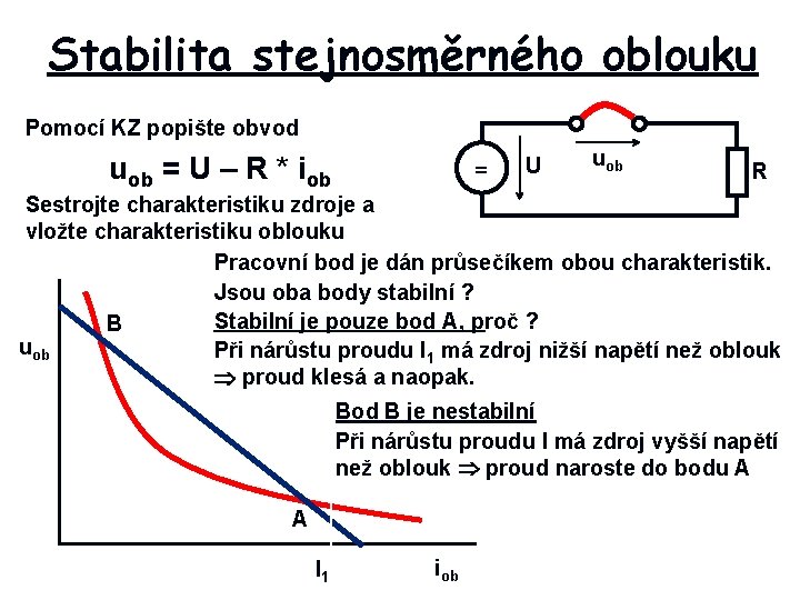 Stabilita stejnosměrného oblouku Pomocí KZ popište obvod = uob = U – R *