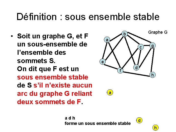 Définition : sous ensemble stable • Soit un graphe G, et F un sous-ensemble