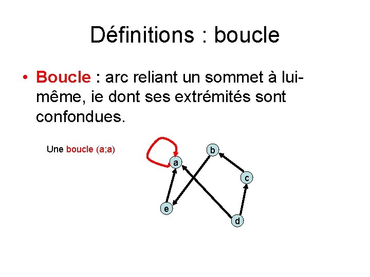 Définitions : boucle • Boucle : arc reliant un sommet à luimême, ie dont