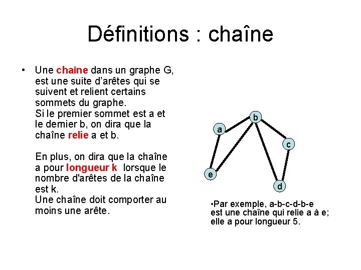 Définitions : chaîne • Une chaîne dans un graphe G, est une suite d’arêtes