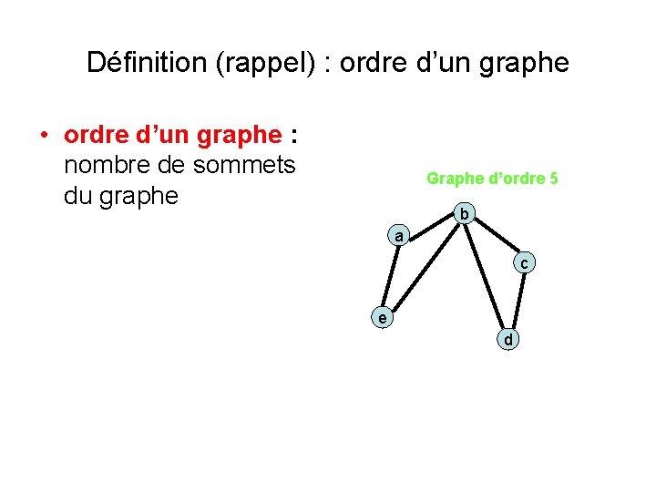 Définition (rappel) : ordre d’un graphe • ordre d’un graphe : nombre de sommets