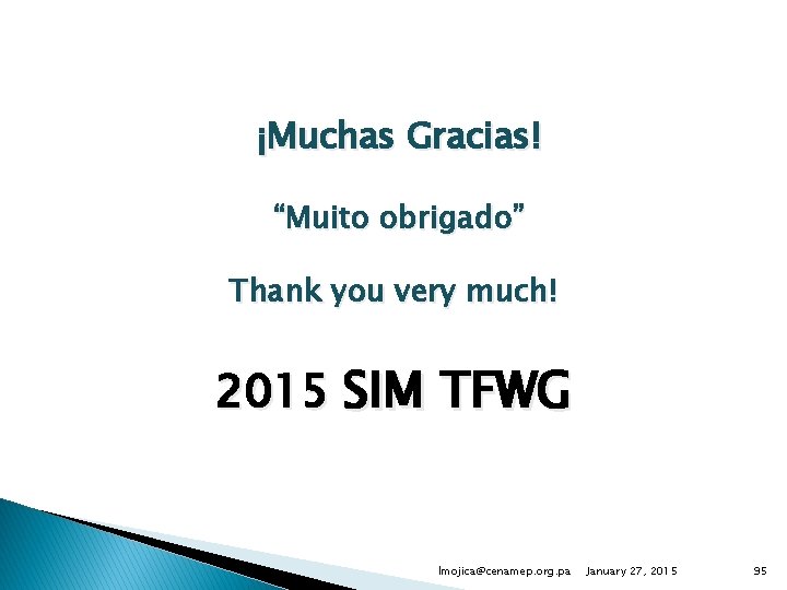 ¡Muchas Gracias! “Muito obrigado” Thank you very much! 2015 SIM TFWG lmojica@cenamep. org. pa