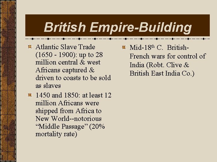 British Empire-Building Atlantic Slave Trade (1650 - 1900): up to 28 million central &