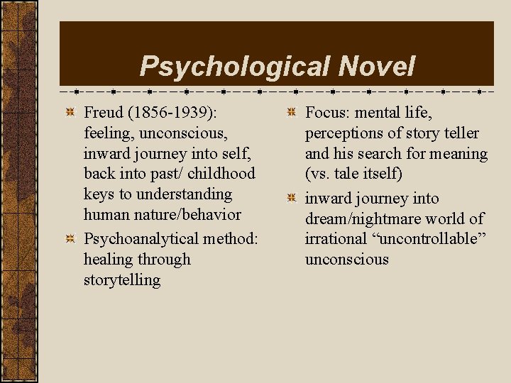 Psychological Novel Freud (1856 -1939): feeling, unconscious, inward journey into self, back into past/