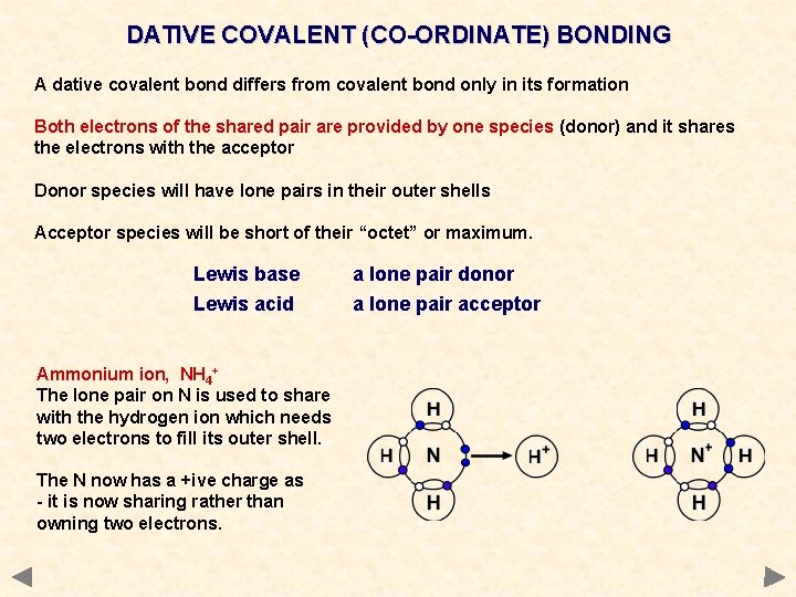 DATIVE COVALENT (CO-ORDINATE) BONDING A dative covalent bond differs from covalent bond only in