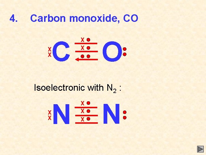 4. Carbon monoxide, CO C X X O Isoelectronic with N 2 : N