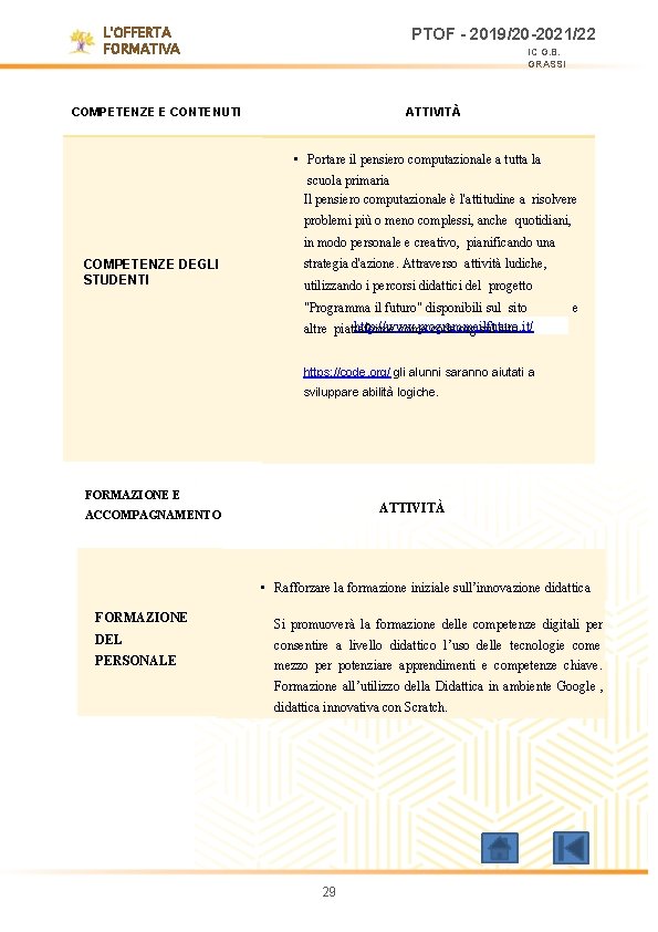 L'OFFERTA FORMATIVA PTOF - 2019/20 -2021/22 IC G. B. GRASSI COMPETENZE E CONTENUTI ATTIVITÀ