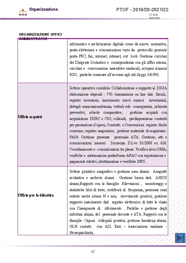 Organizzazione PTOF - 2019/20 -2021/22 IC G. B. GRASSI ORGANIZZAZIONE UFFICI AMMINISTRATIVI informatico e