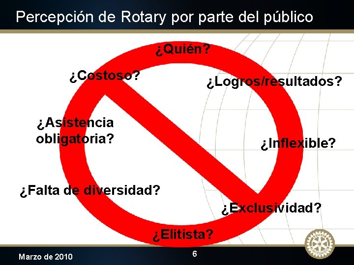 Percepción de Rotary por parte del público ¿Quién? ¿Costoso? ¿Logros/resultados? ¿Asistencia obligatoria? ¿Inflexible? ¿Falta