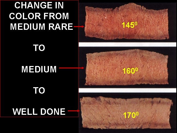 CHANGE IN COLOR FROM MEDIUM RARE 1450 TO MEDIUM 1600 TO WELL DONE 1700