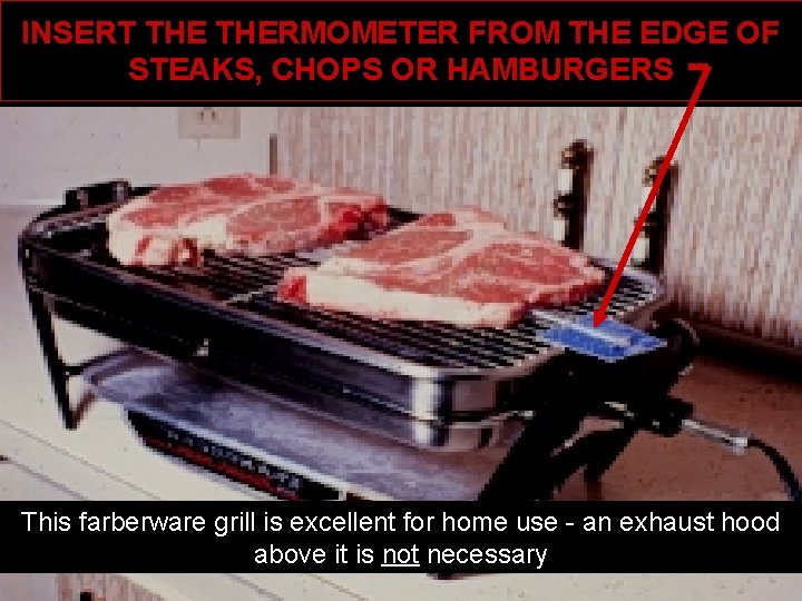INSERT THERMOMETER FROM THE EDGE OF STEAKS, CHOPS OR HAMBURGERS This farberware grill is