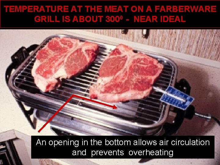 TEMPERATURE AT THE MEAT ON A FARBERWARE GRILL IS ABOUT 3000 - NEAR IDEAL