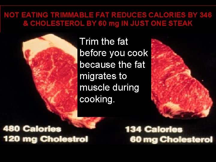 NOT EATING TRIMMABLE FAT REDUCES CALORIES BY 346 & CHOLESTEROL BY 60 mg IN