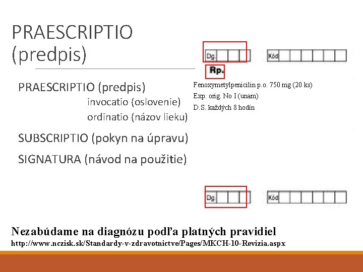 PRAESCRIPTIO (predpis) invocatio (oslovenie) ordinatio (názov lieku) Fenoxymetylpenicilin p. o. 750 mg (20 ks)