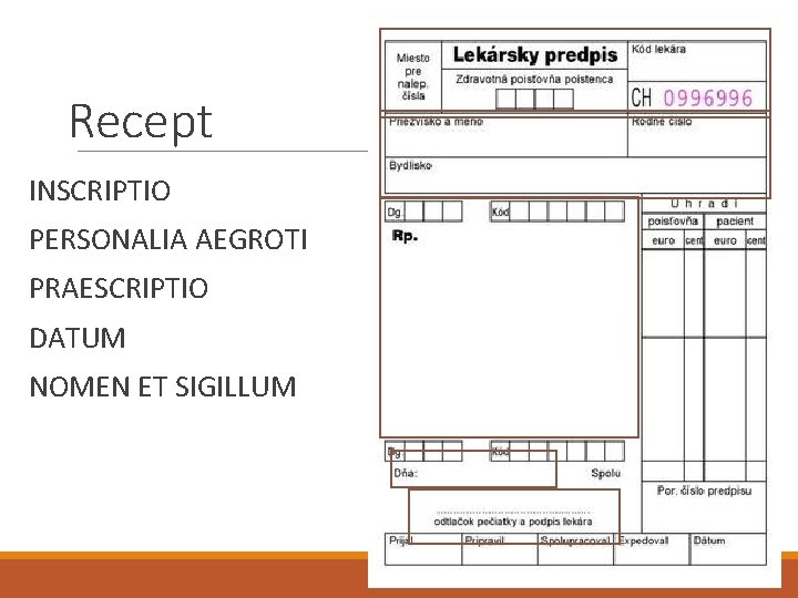 Recept INSCRIPTIO PERSONALIA AEGROTI PRAESCRIPTIO DATUM NOMEN ET SIGILLUM 