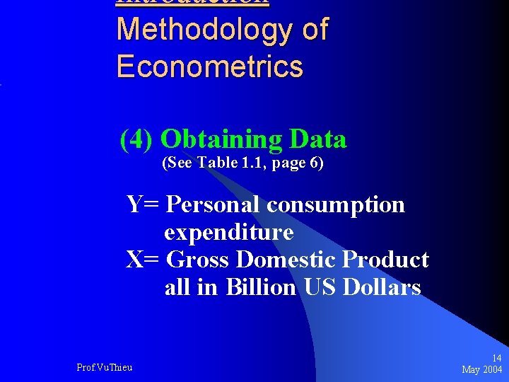 Introduction Methodology of Econometrics (4) Obtaining Data (See Table 1. 1, page 6) Y=