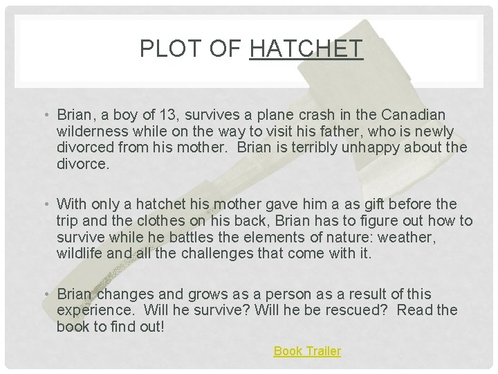 PLOT OF HATCHET • Brian, a boy of 13, survives a plane crash in