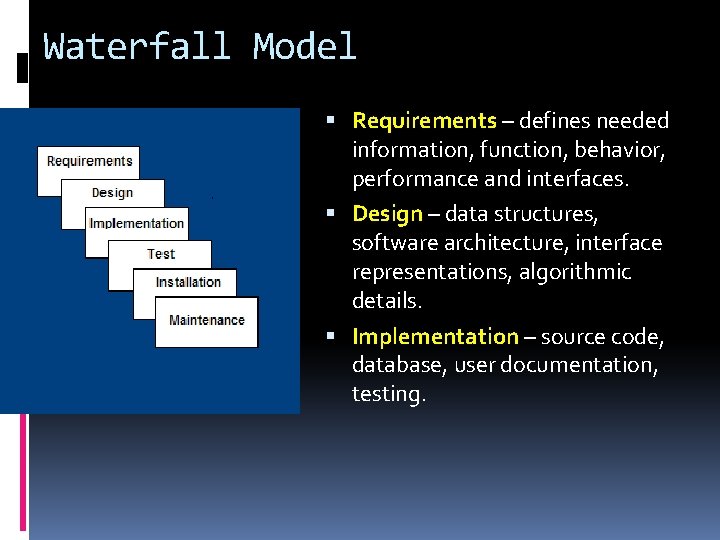 Waterfall Model Requirements – defines needed information, function, behavior, performance and interfaces. Design –