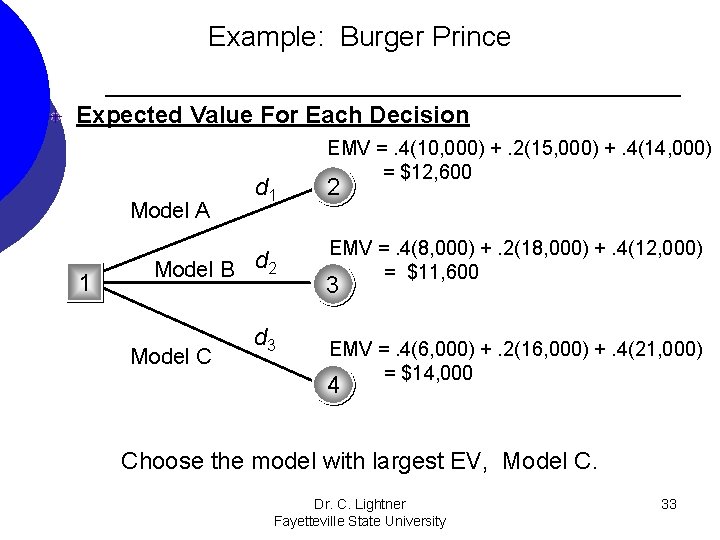 Example: Burger Prince Expected Value For Each Decision Model A 1 d 1 Model