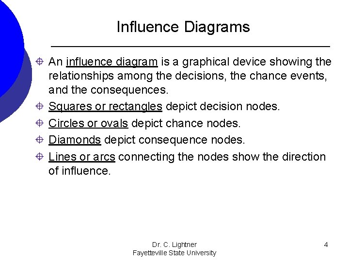 Influence Diagrams An influence diagram is a graphical device showing the relationships among the