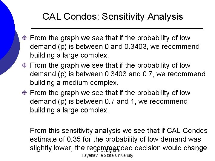 CAL Condos: Sensitivity Analysis From the graph we see that if the probability of CAL Condos: Sensitivity Analysis From the graph we see that if the probability of