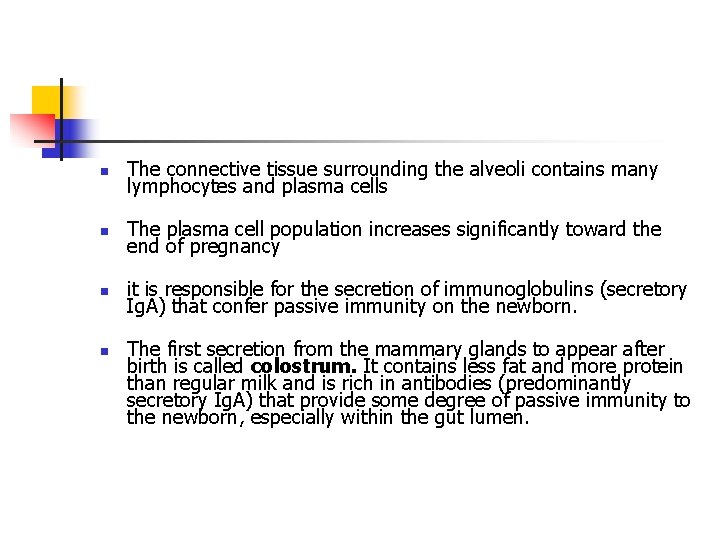 n The connective tissue surrounding the alveoli contains many lymphocytes and plasma cells n