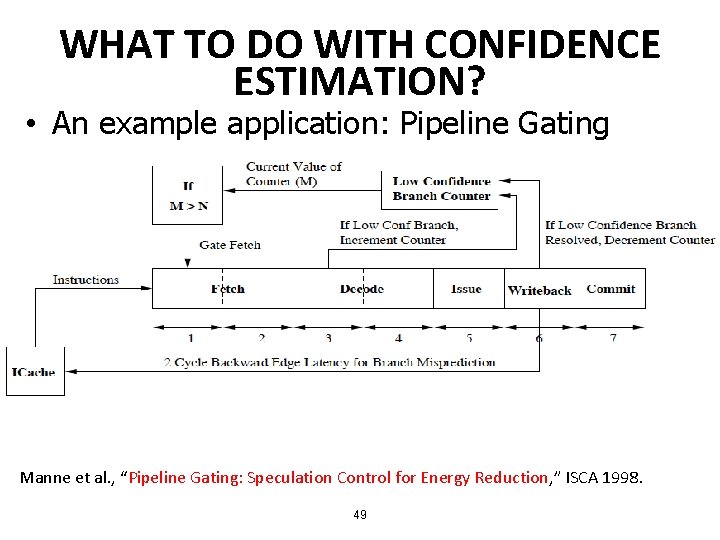 WHAT TO DO WITH CONFIDENCE ESTIMATION? • An example application: Pipeline Gating Manne et