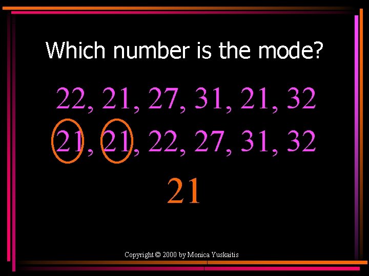 Which number is the mode? 22, 21, 27, 31, 21, 32 21, 22, 27,