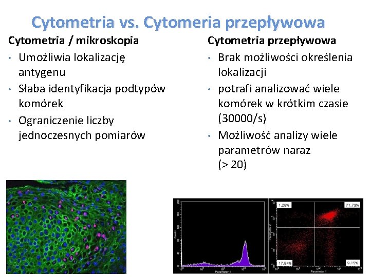 Cytometria vs. Cytomeria przepływowa Cytometria / mikroskopia • Umożliwia lokalizację antygenu • Słaba identyfikacja