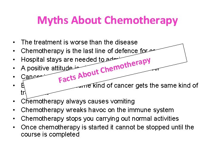 Myths About Chemotherapy • • • The treatment is worse than the disease Chemotherapy
