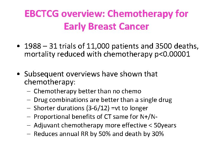 EBCTCG overview: Chemotherapy for Early Breast Cancer • 1988 – 31 trials of 11,