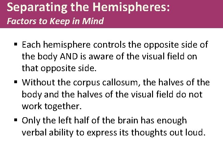 Separating the Hemispheres: Factors to Keep in Mind § Each hemisphere controls the opposite