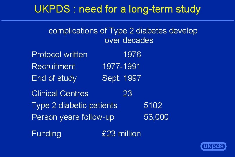 UKPDS : need for a long-term study complications of Type 2 diabetes develop over