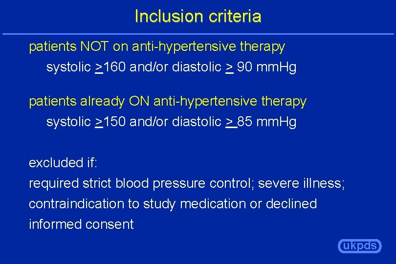 Inclusion criteria patients NOT on anti-hypertensive therapy systolic >160 and/or diastolic > 90 mm.