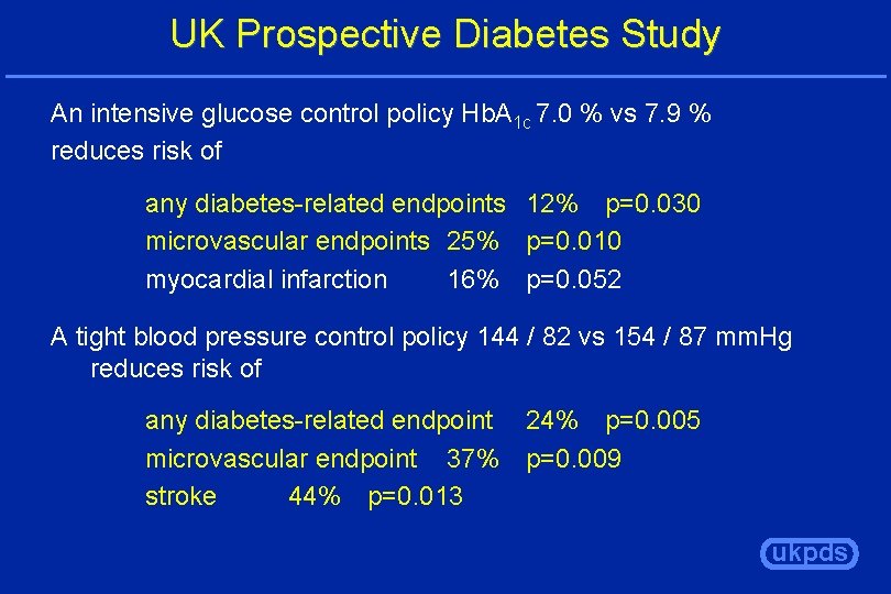 UK Prospective Diabetes Study An intensive glucose control policy Hb. A 1 c 7.