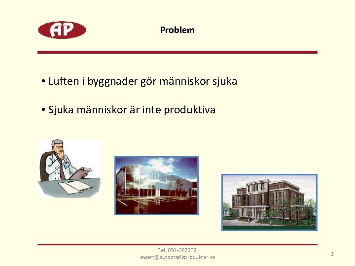 Problem • Luften i byggnader gör människor sjuka • Sjuka människor är inte produktiva