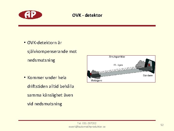 OVK - detektor • OVK-detektorn är självkompenserande mot nedsmutsning • Kommer under hela driftstiden