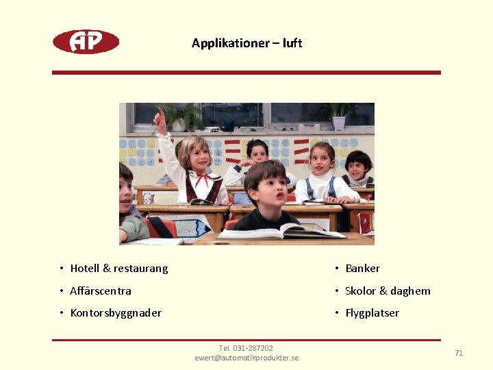 Applikationer – luft • Hotell & restaurang • Banker • Affärscentra • Skolor &