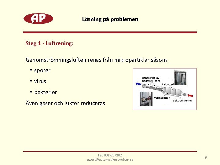 Lösning på problemen Steg 1 - Luftrening: Genomströmningsluften renas från mikropartiklar såsom • sporer