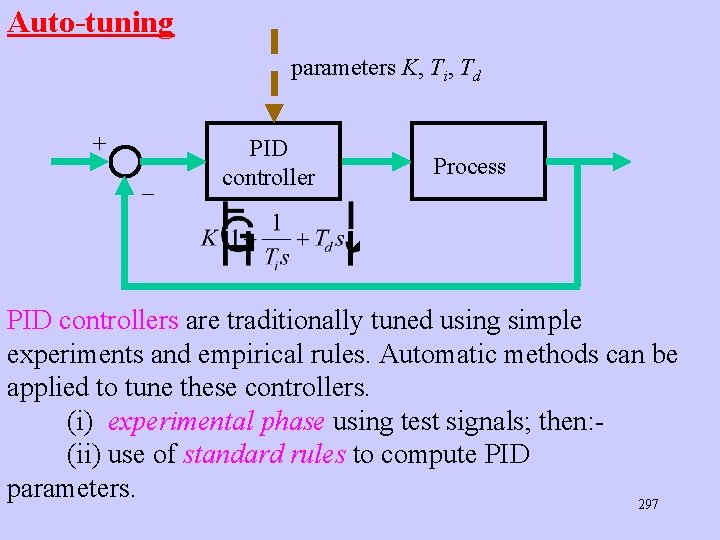 Auto-tuning parameters K, Ti, Td + _ PID controller Process PID controllers are traditionally