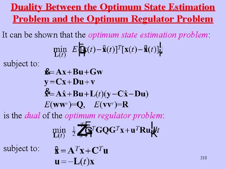 Duality Between the Optimum State Estimation Problem and the Optimum Regulator Problem It can