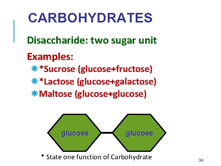 CARBOHYDRATES Disaccharide: two sugar unit Examples: *Sucrose (glucose+fructose) *Lactose (glucose+galactose) Maltose (glucose+glucose) glucose *
