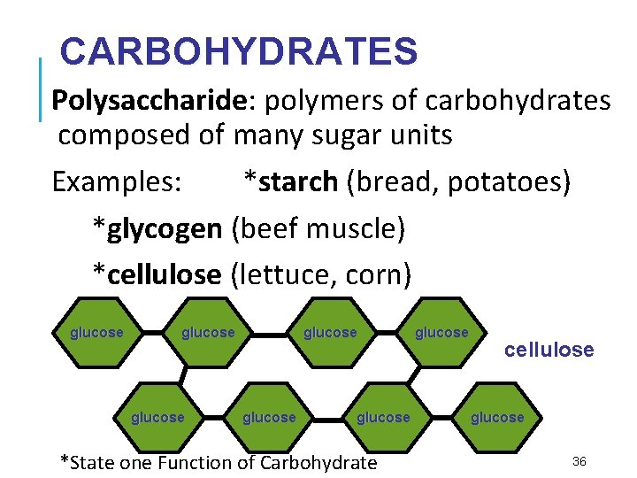 CARBOHYDRATES Polysaccharide: polymers of carbohydrates composed of many sugar units Examples: *starch (bread, potatoes)