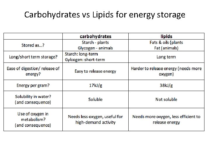 Carbohydrates vs Lipids for energy storage 